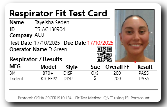 Sample Respirator Fit Test Card for an ACU healthcare student displaying photo ID, worker details, QR code verification, and passing test results for 3M and Trident masks.