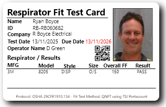 Sample Respirator Fit Test Card for an electrical contractor showing worker photo ID, company name R Boyce Electrical, QR code verification, and a passing test result for a 3M respirator.